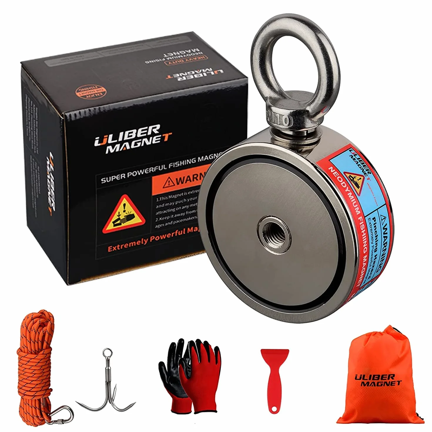 ULIBERMAGNET Super mocne dwustronne magnesy wędkarskie, z magnesem neodymowym 400 kg N52 połączony z liną, do wędkarstwa magnetycznego i poszukiwania skarbów pod wodą