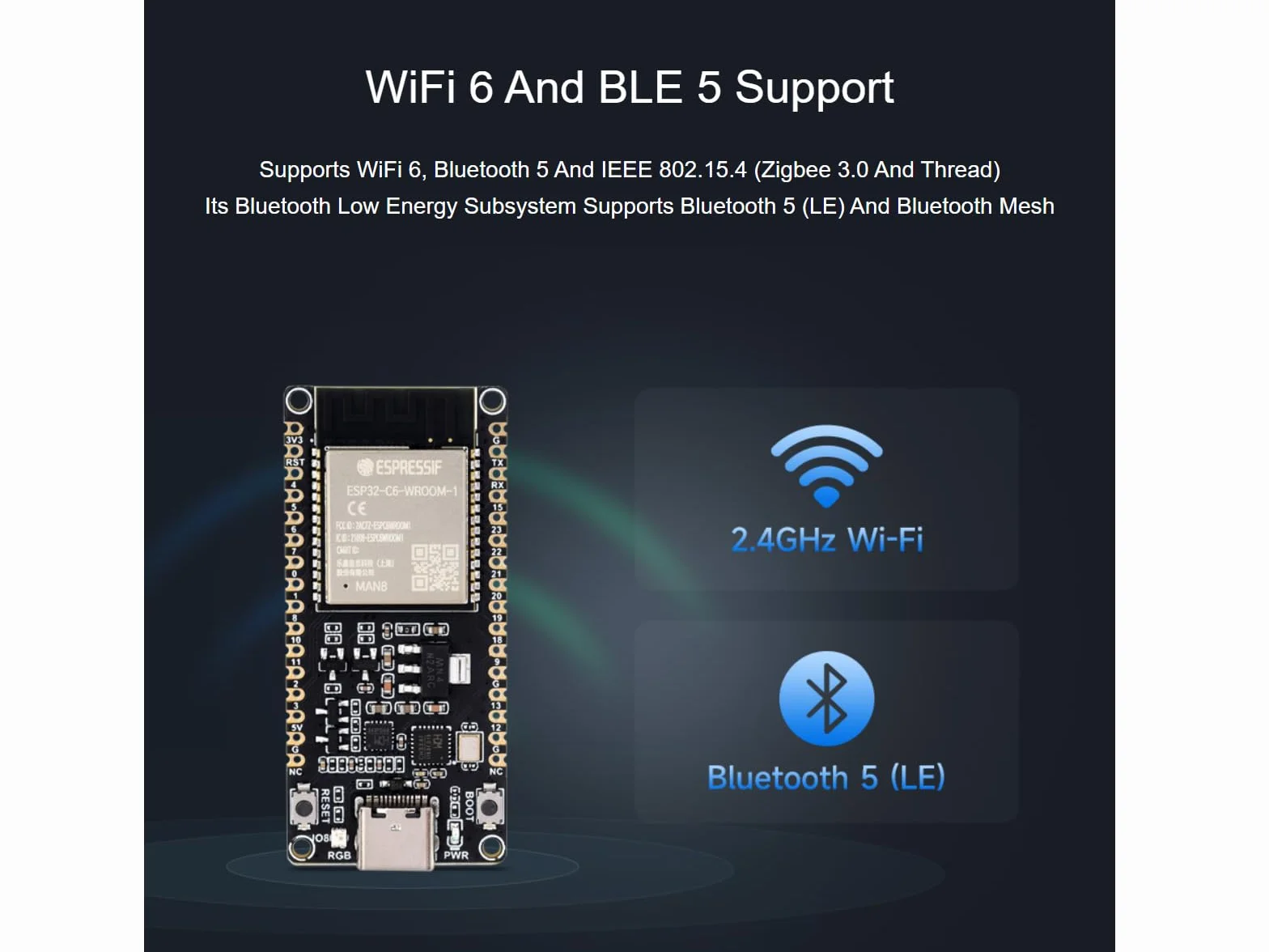 Waveshare ESP32-C6 mikrokontroler WiFi 6 Development Board ESP32-C6-WROOM-1-N8 moduł z 32-bitowym procesorem Sngle-core RISC-V, WiFi 6+Bluetooth 5+IEEE 802.15.4 komunikacja bezprzewodowa