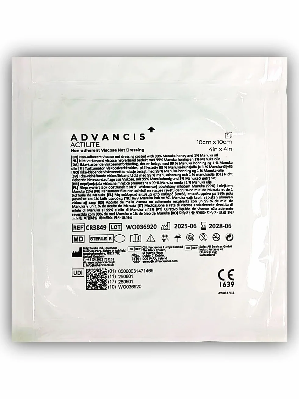 Actilite 10 x 10 cm Non-Adherent Viscose Net Dressing powlekany 99% miód manuka 10 sztuk