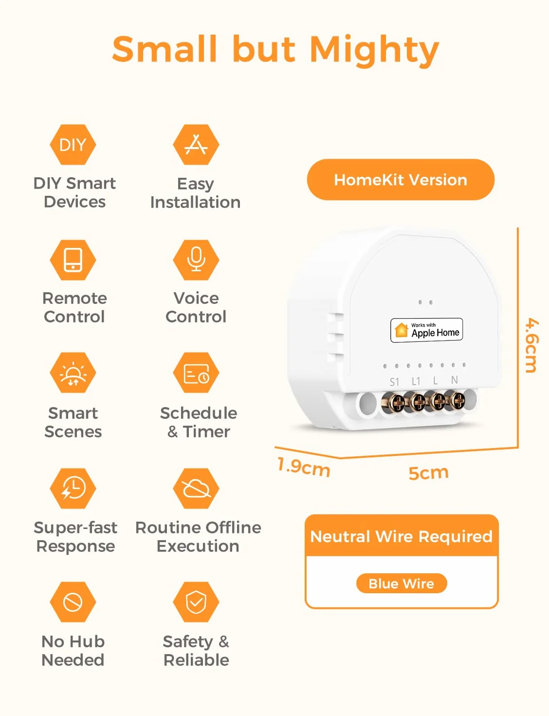 Inteligentny mini przekaźnik Wi-Fi, 1-drożny, 1-biegowy włącznik światła, kompatybilny z Apple HomeKit, Alexa i Google Home, 2,4 GHz, 250 V 10 A, 1 sztuka (wymagany przewód neutralny)