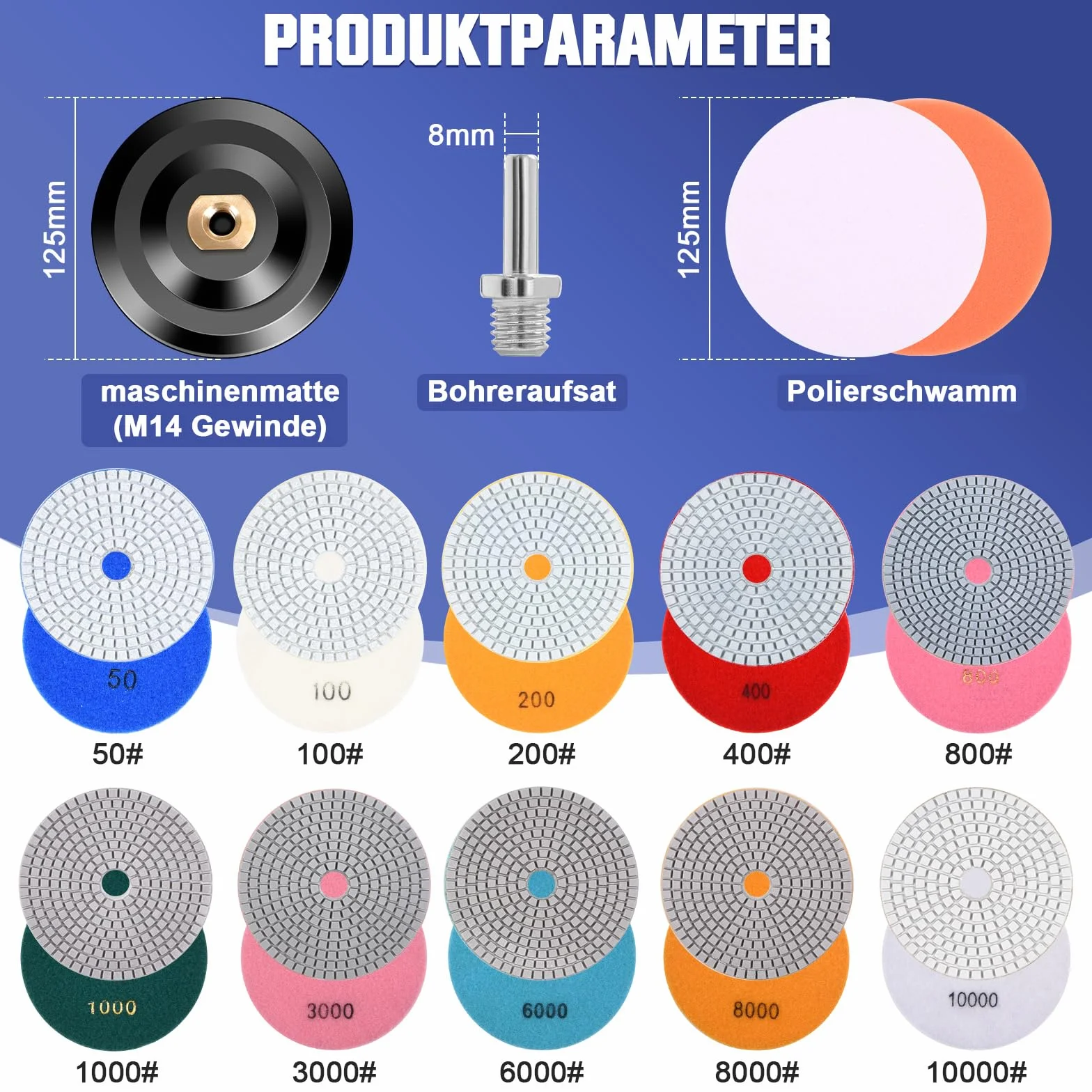 16 sztuk diamentowych tarcz polerskich 125 mm, w zestawie M14 solidne gumowe talerze podporowe, filc wełniany, podkładka polerska z pianki, 8 mm, nasadka wiertła, 50-10000 diamentowa tarcza