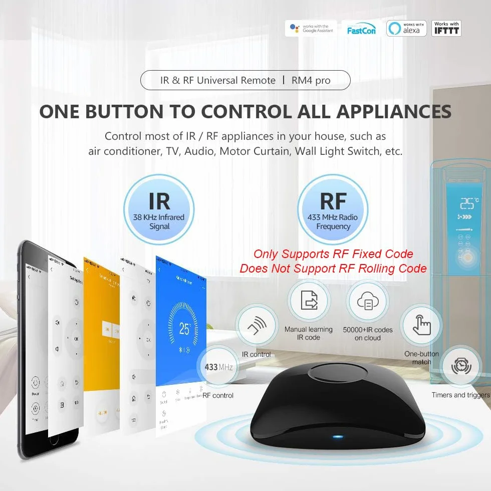 Broadlink RM4 pro inteligentny koncentrator zdalnego sterowania IR/RF z kablem czujnika, WiFi IR/RF Blaster do inteligentnej automatyki domowej, telewizora, kurtyny, pilota zdalnego sterowania