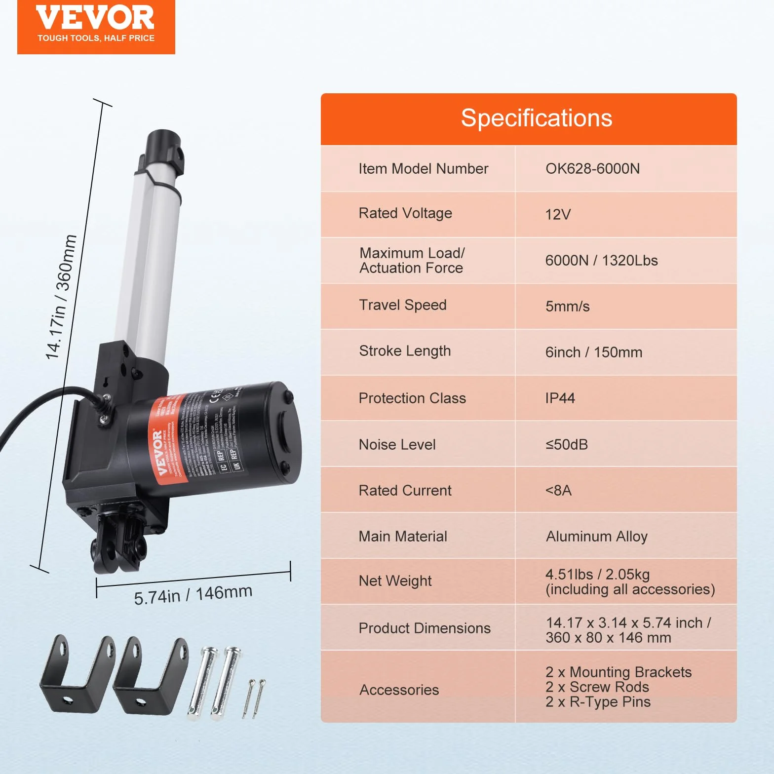 VEVOR Napęd liniowy 6000 N DC 12 V IP44 150 mm skok 5 mm/s elektryczny siłownik liniowy