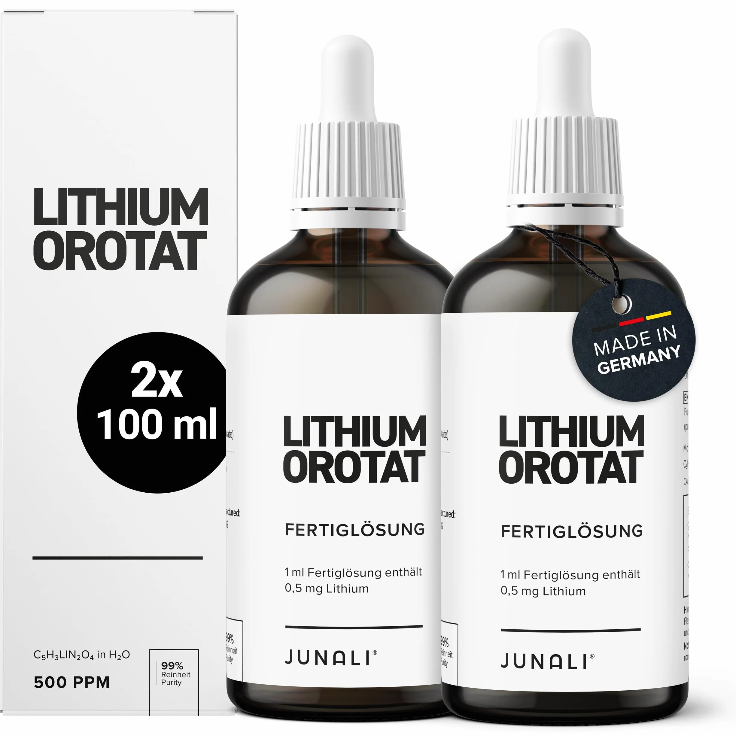 Roztwór litu 500 ppm – czysty orotan litu w jakości farmaceutycznej – 2 x 100 ml – sprawdzony laboratoryjnie, wyprodukowany w Niemczech przez JUNALI