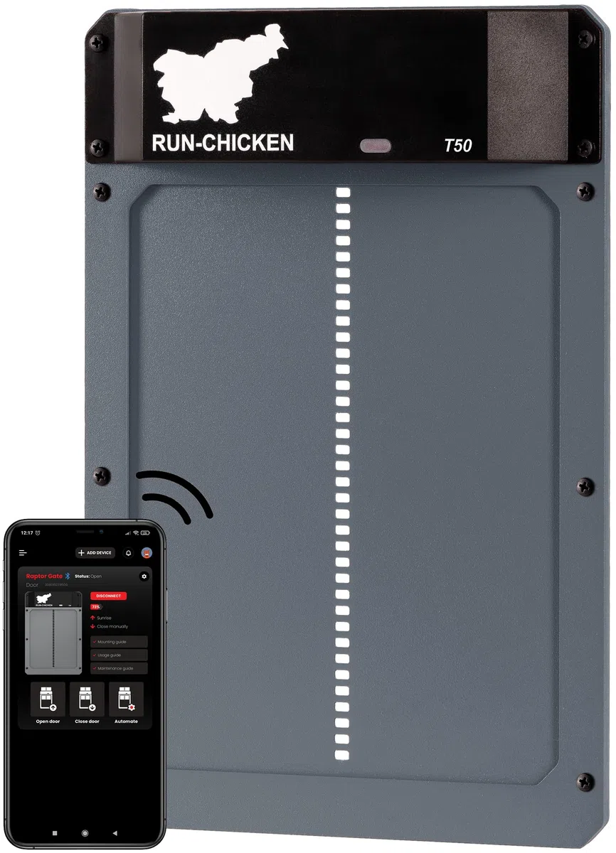 RUN-CHICKEN Model T50, szare automatyczne drzwi kurnika, drzwi w pełni aluminiowe, wykrywanie światła, wieczorne i poranne opóźnione otwarcie timera