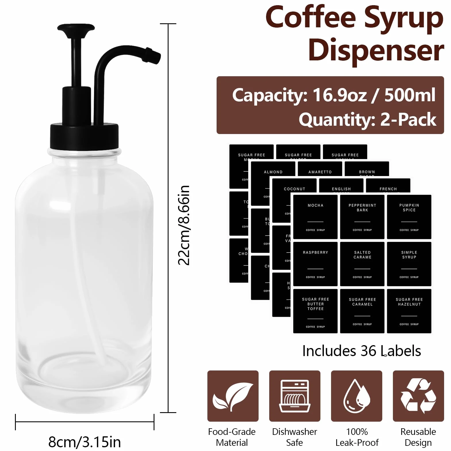 Dozownik syropu do kawy szklany 500 ml zestaw 2-częściowy
