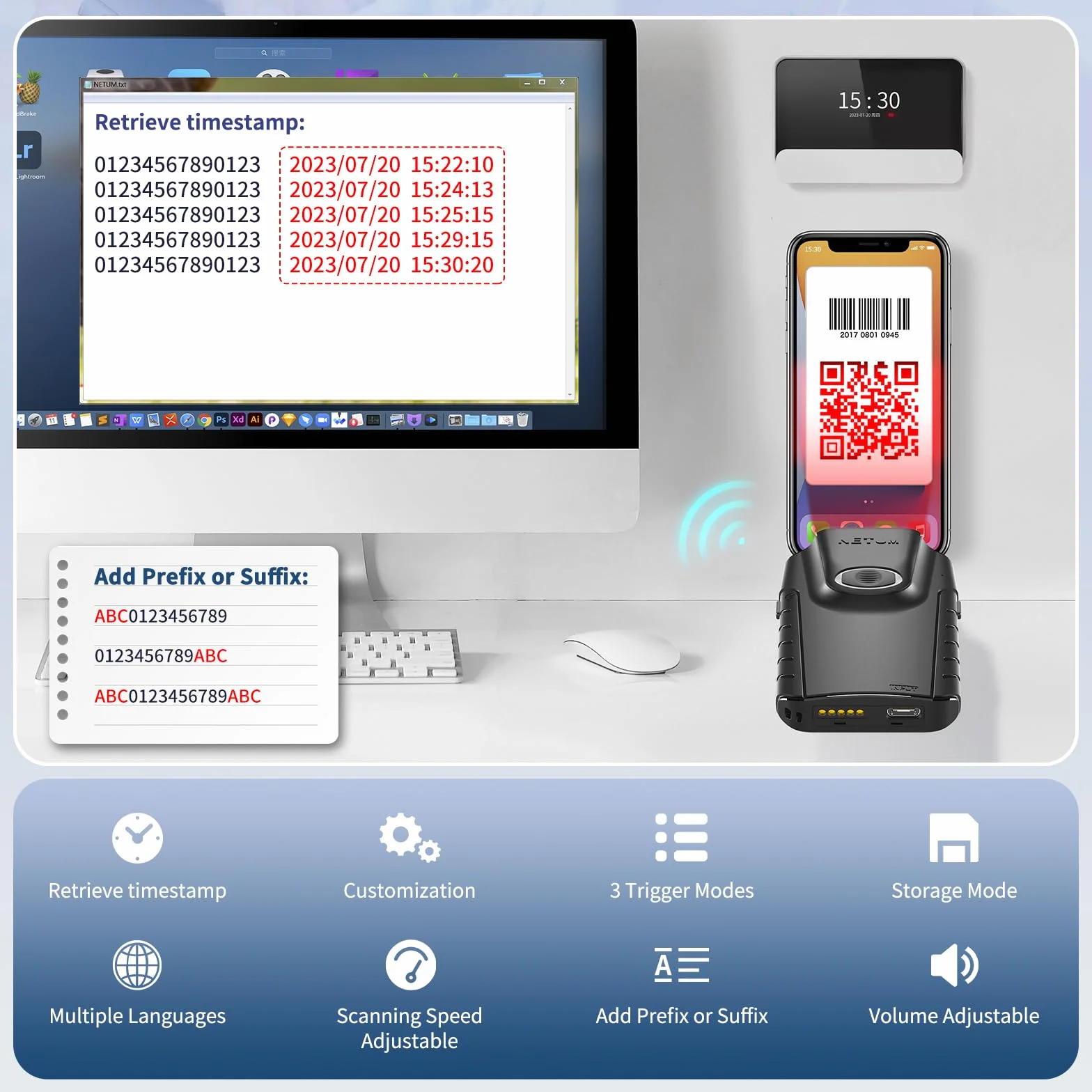 NETUM Skaner kodów kreskowych Bluetooth 2D, przenośny czytnik QR, bezprzewodowy, do magazynów