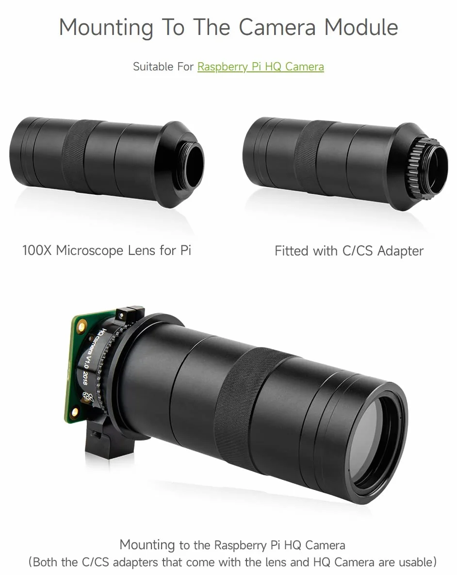 Waveshare Industrial Microscope Lens 100X C/CS-Mount Raspberry Pi HQ Camera