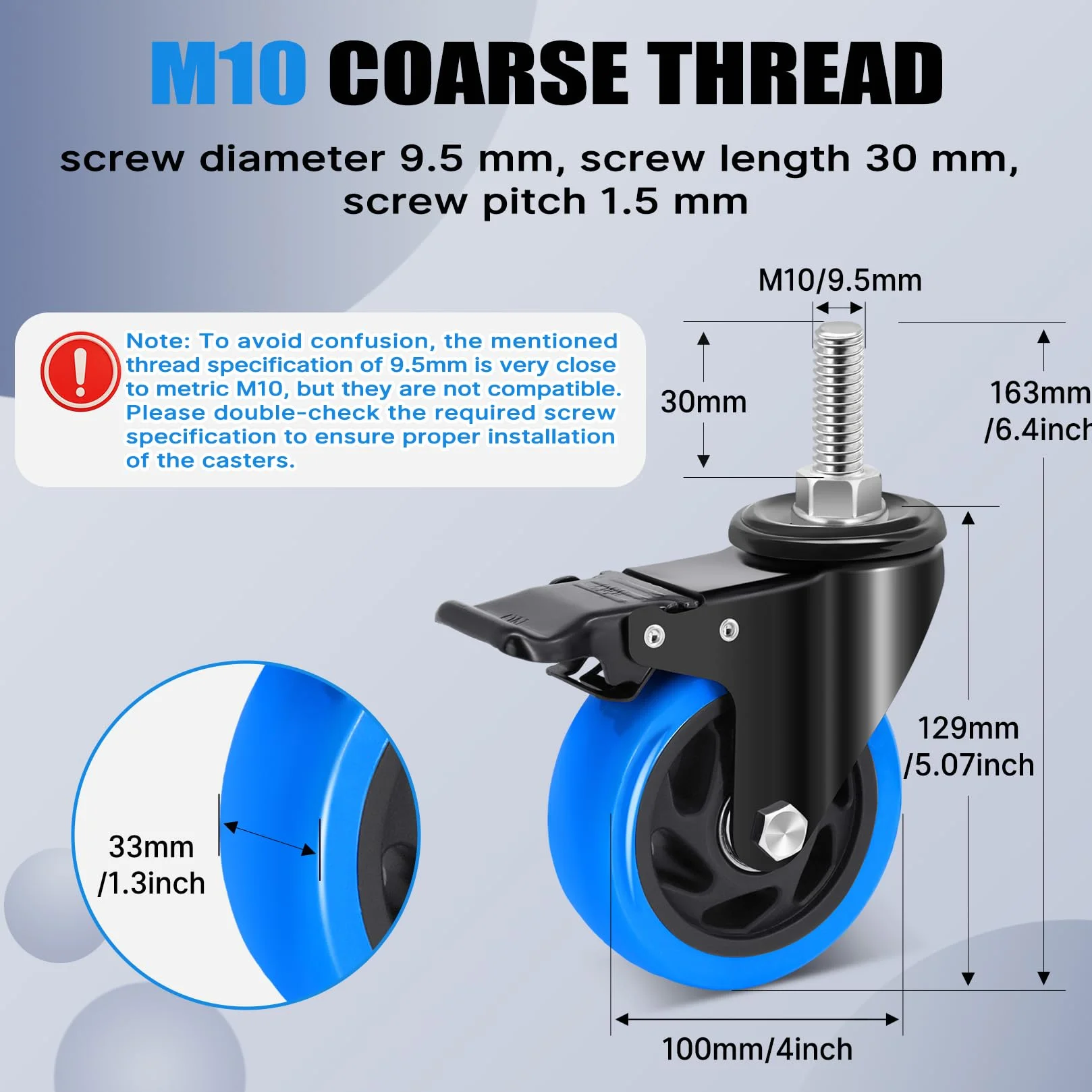 Koła do wózka 100 mm z gwintem M10 x 1,5 x 30 mm, obrotowe 360° z hamulcem 800 kg