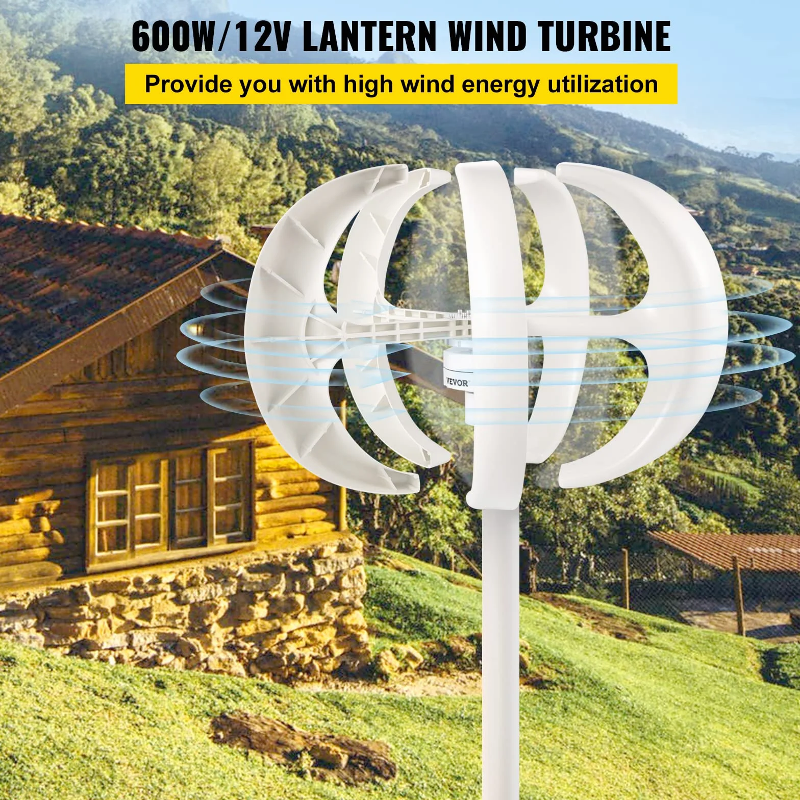 VEVOR Generator wiatrowy, 600 W, 12 V, z turbiną słoneczną, przenośną latarnią