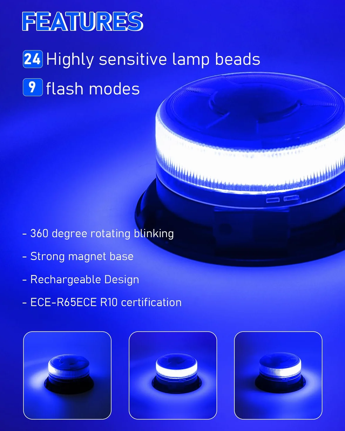 Dinfu Niebieskie światło ostrzegawcze LED 12V akumulator z pilotem 9 trybów magnes
