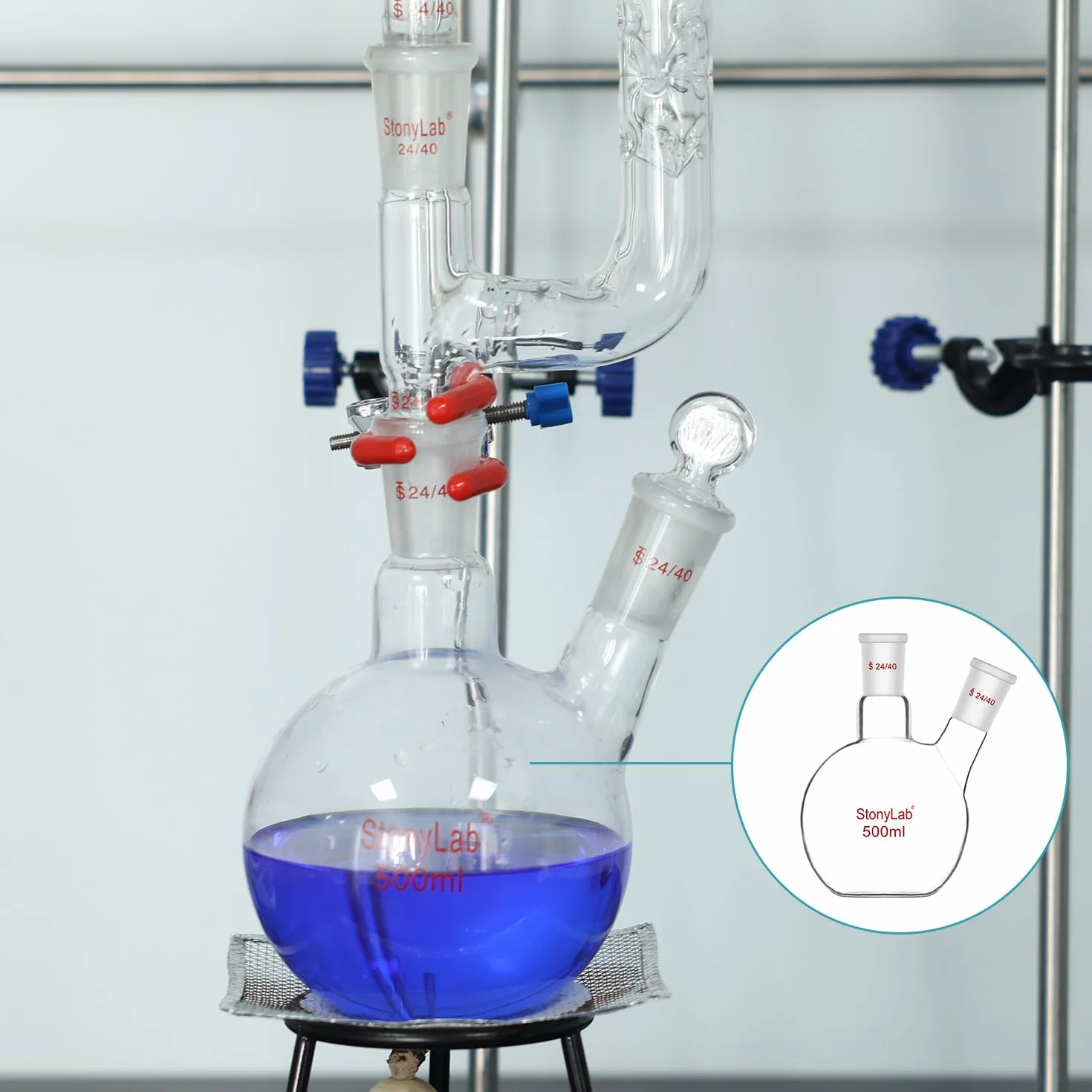 stonylab Kolba z płaskim dnem FBF, ciężka ściana 2 szyjki kolba laboratoryjna ze szkła borokrzemowego płaskie dno gotująca kolba ze standardowym złączem 24/40, 500 ml