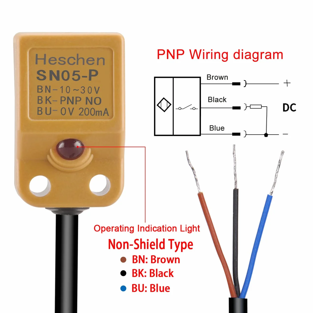 Heschen Kwadratowy czujnik zbliżeniowy indukcyjny przełącznik typu non-Shield SN05-P Odległość detektora 5 mm 10-30 VDC 200 mA PNP normalnie otwarty (NO) 3 przewód
