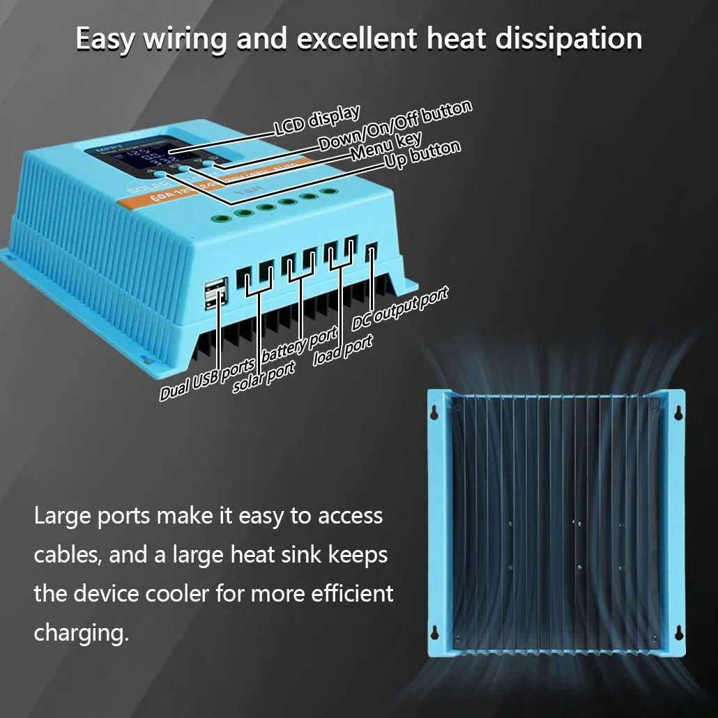 Y&H MPPT 60 A solarny regulator ładowania 12V 24V 36V 48V LCD Dual USB kwasowo-ołowiowy lit