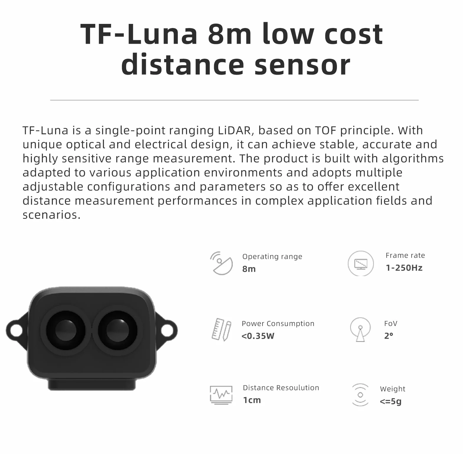 youyeetoo TF-Luna Moduł Sensora Lidar Jednopunktowego Pomiaru Zasięgu 0,2-8m, UART I2C