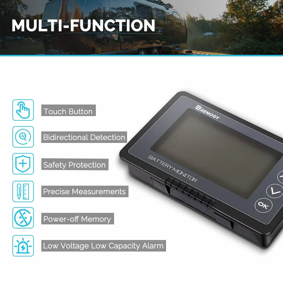 Renogy Czujnik baterii 500 A 12 V 24 V 36 V 48 V monitor baterii programowalny alarm napięcia LiFPO4 AGM żelowe