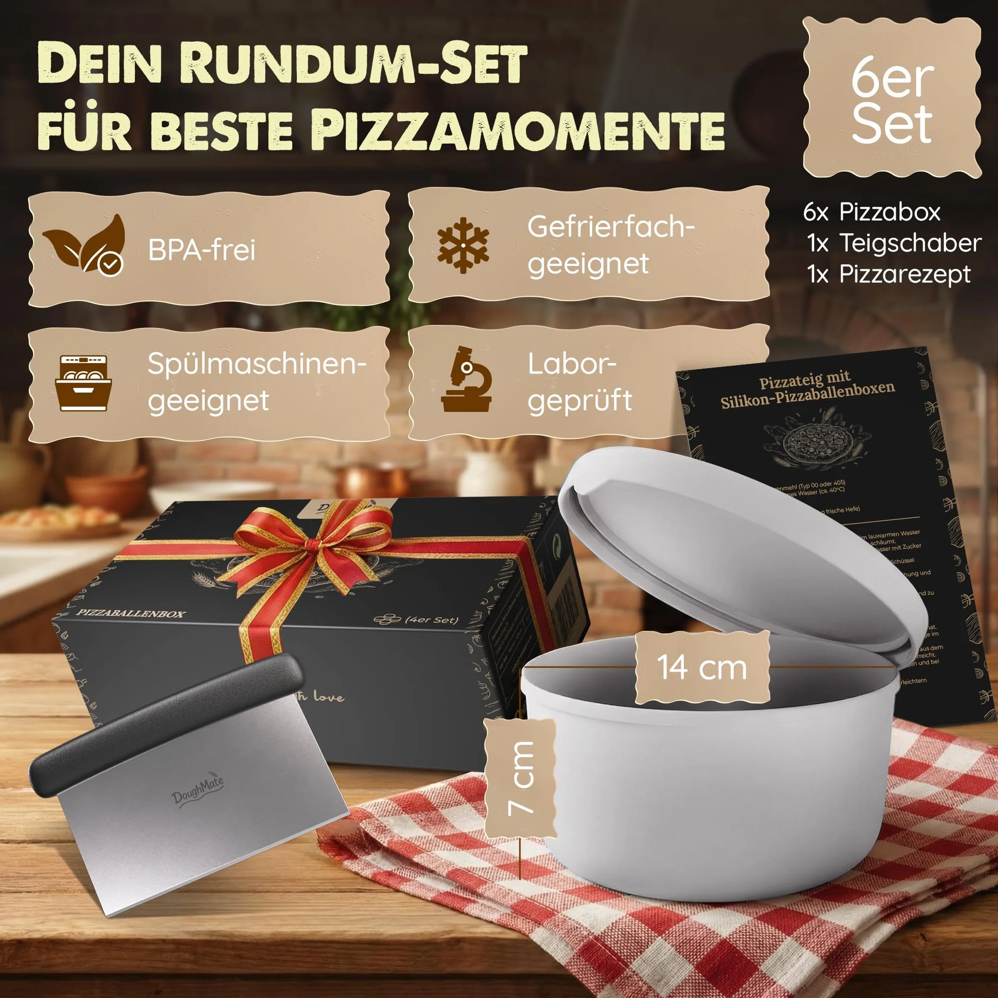 Pudełko na kulki do pizzy z pokrywką, 6 sztuk – idealne jako pudełko na pizzę, pudełko na ciasto, pudełko do fermentacji, do 350 g ciasta na pizzę, silikon zapobiegający przywieraniu, nadaje