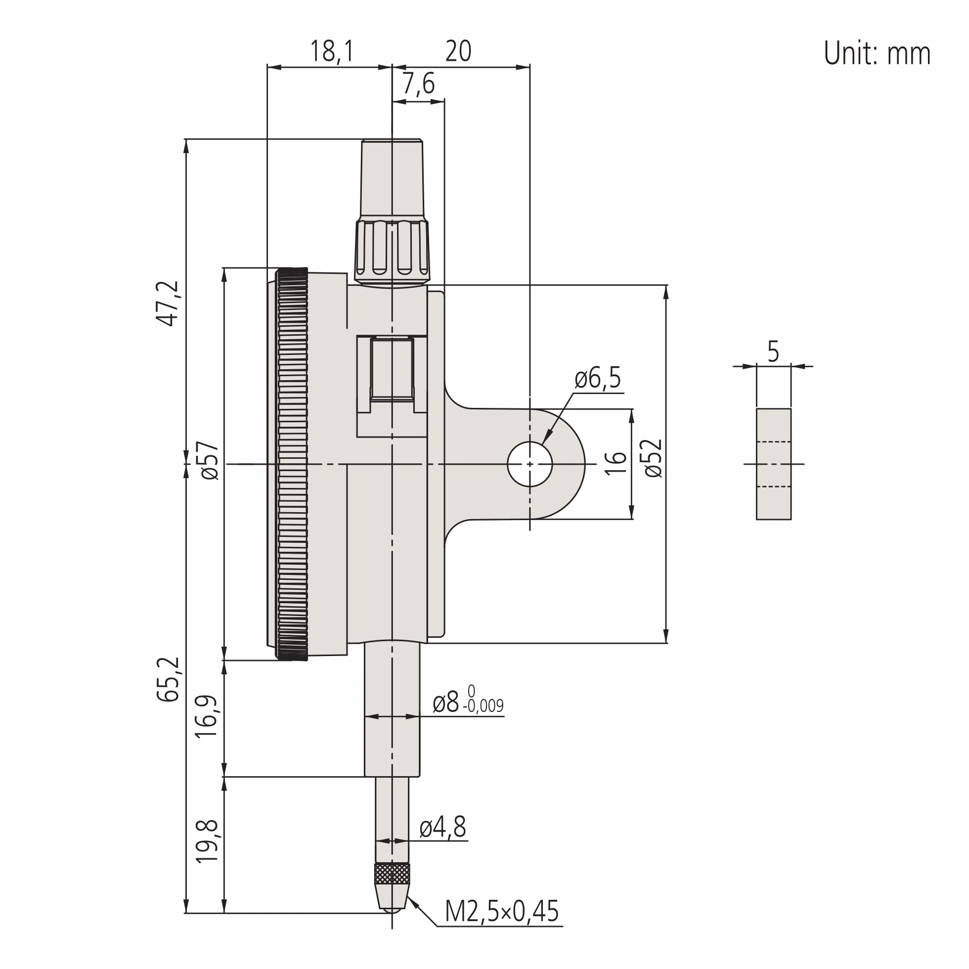 Zegar pomiarowy, pokrywa zamykająca z oczkiem, wersja ISO, 10 mm, 0,01 mm