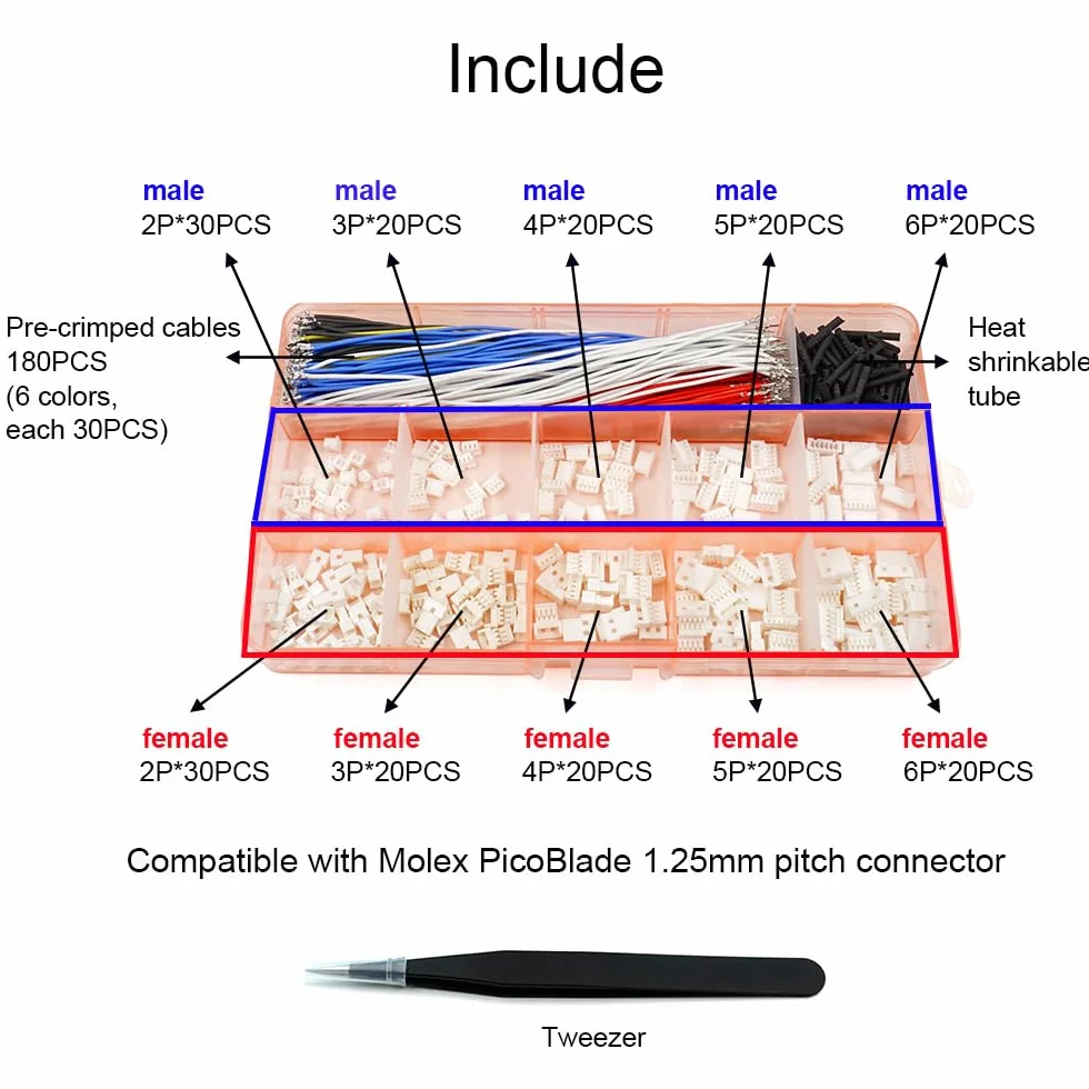 Złącza męskie i żeńskie 1,25 mm JST Molex PicoBlade do 13 cm Pixhawk silikonowy kabel