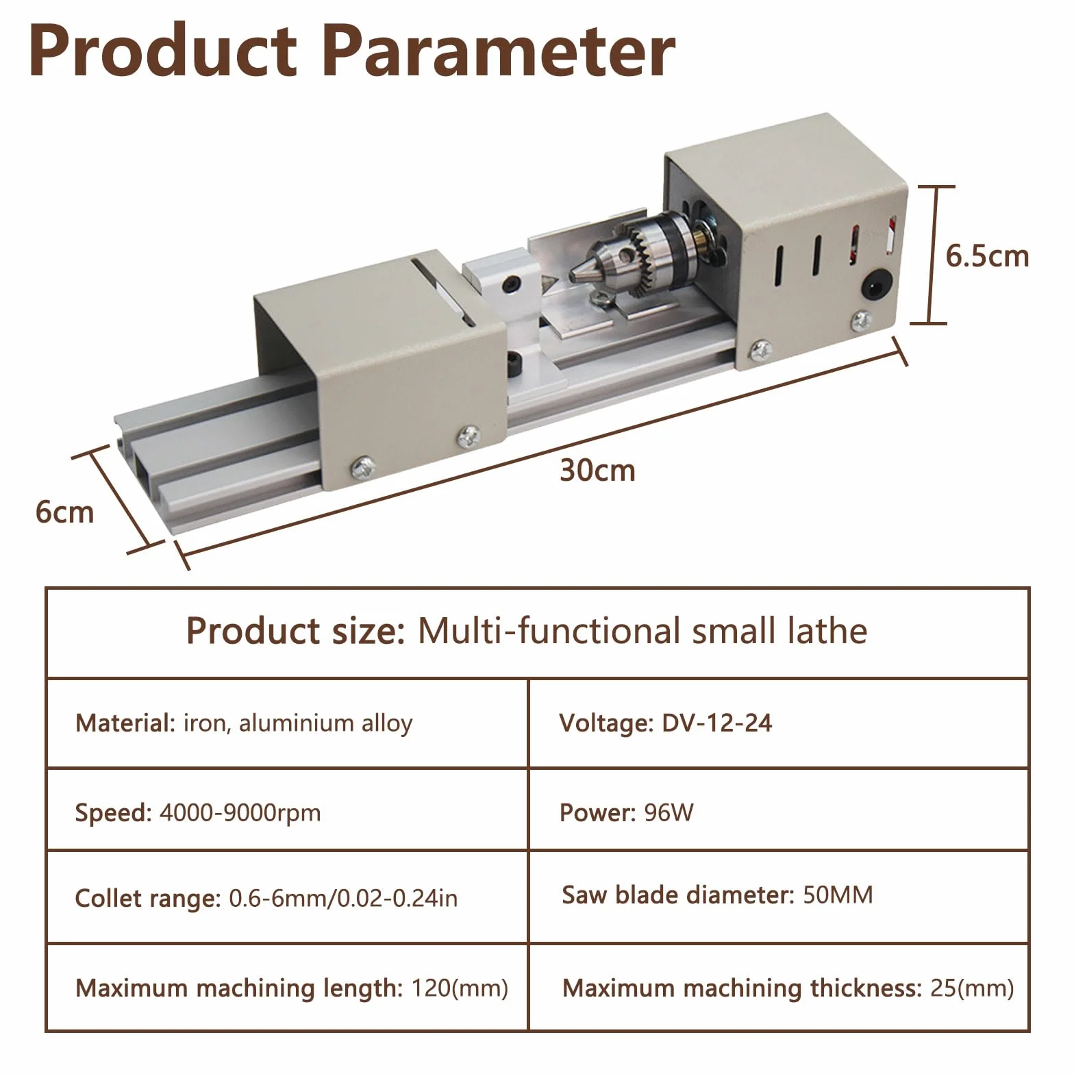 Mini tokarka do metalu 96 W 4000-9000 obr/min 7 prędkości zakres zacisku 0,6-6 mm stołowa