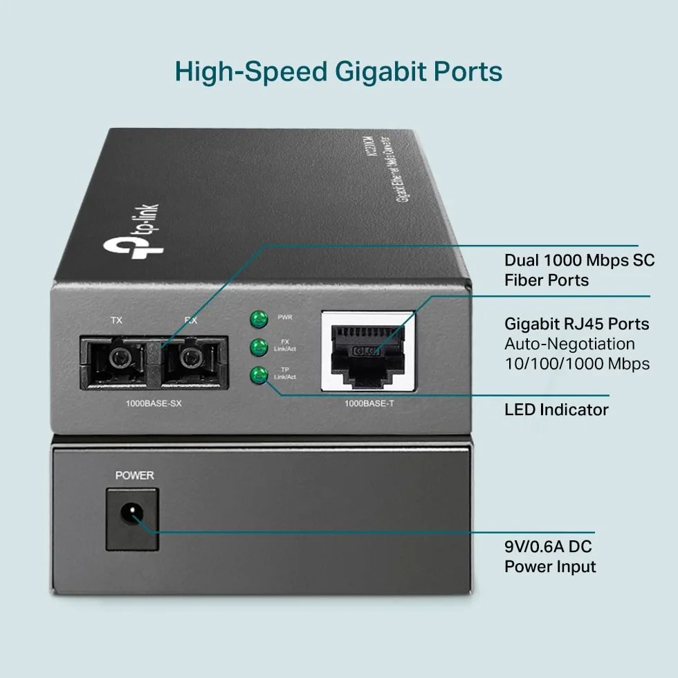 TP-Link Gigabit Multi-Mode Media Converter, Complies with IEEE 802.3ab and IEEE 802.3z Extends Fiber Distance Up to 0.55 km (MC200CM),Black