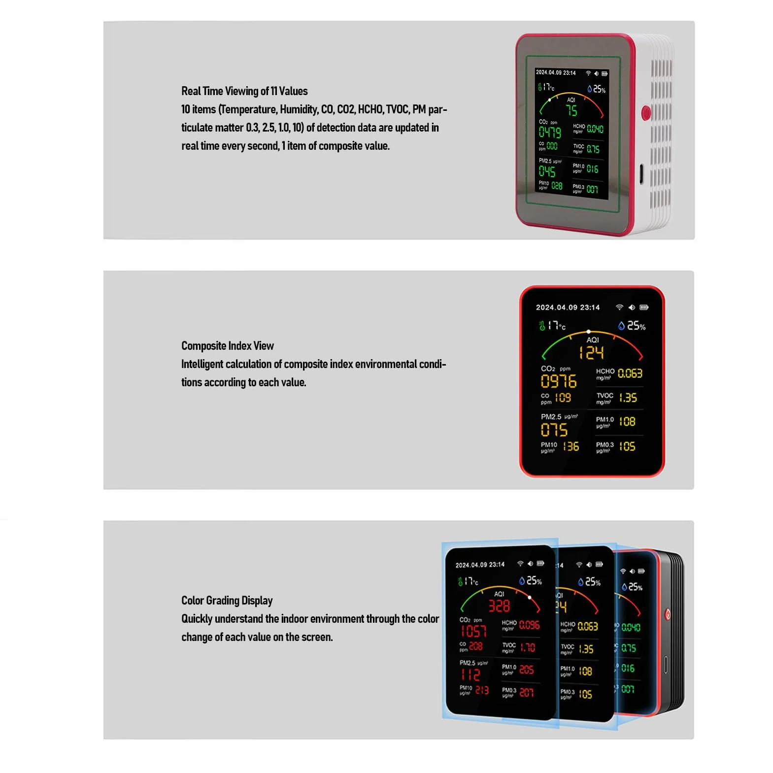 Monitor Jakości Powietrza Wi-Fi 15W, Przenośny Detektor CO2 TVOC HCHO PM2.5, Wilgotność Temperatura, Wyświetlacz LCD 2,8 cala (czarny + czerwony)