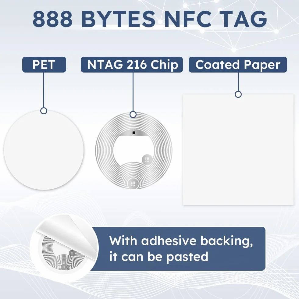 AXFEE 10 szt. znaczników NFC NTAG216, białe okrągłe naklejki NFC, średnica 25 mm, programowalne znaczniki NFC, pamięć RFID 888 bajtów, kompatybilna ze wszystkimi telefonami i urządzeniami