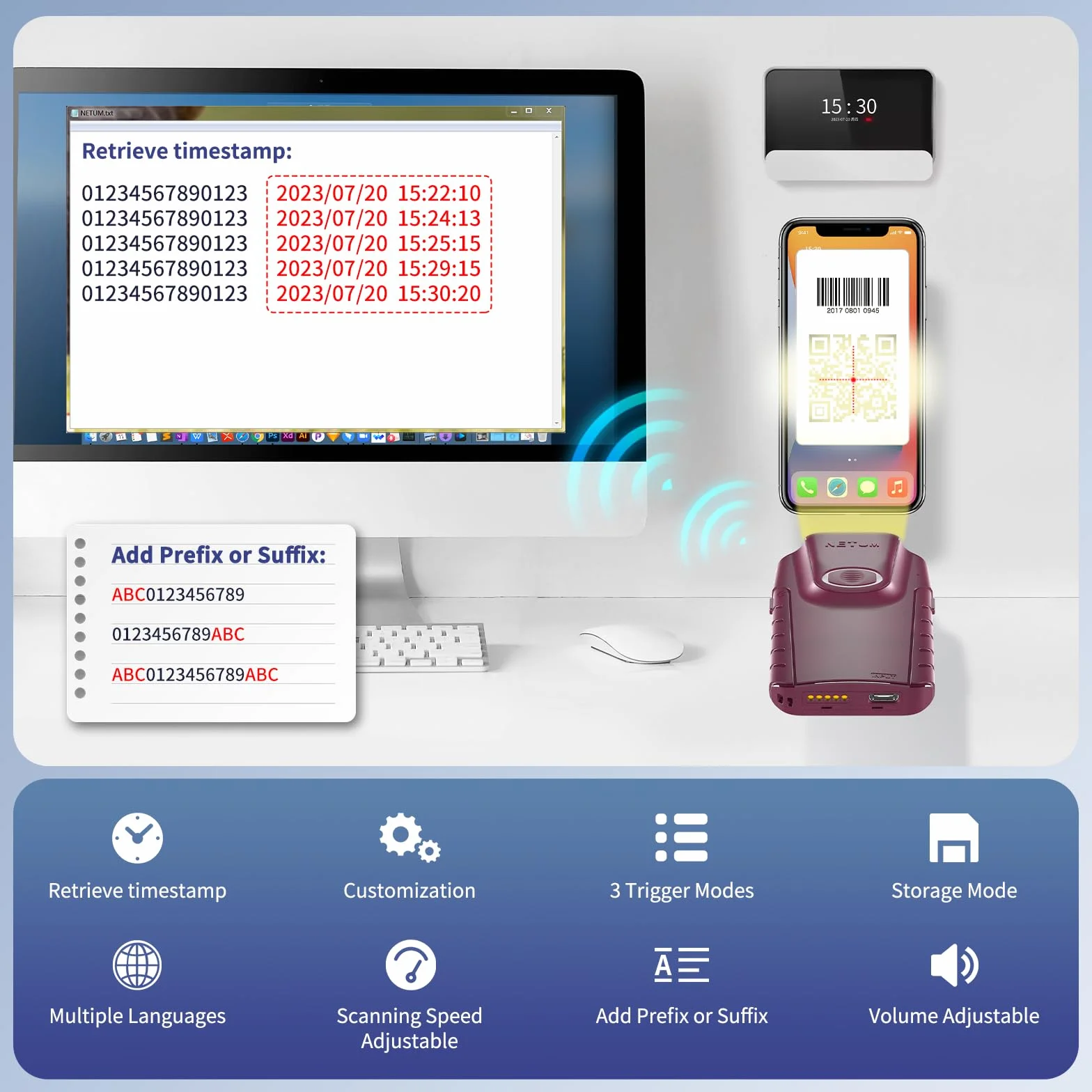 NETUM Bluetooth QR skaner kodów kreskowych 3 w 1, mały, przenośny czytnik kodów kreskowych 2D, automatyczny, bezprzewodowy, skanowanie pistoletu, klips do tyłu, praca z tabletem, iOS, Android,