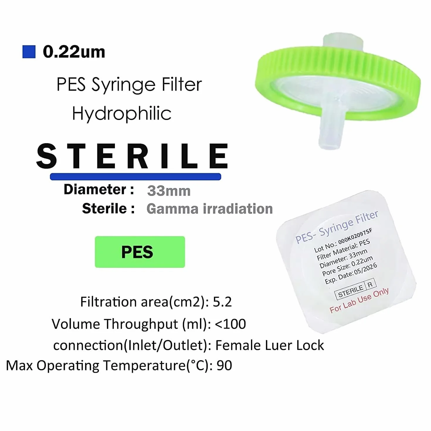 20 sztuk filtrów do strzykawki sterylne membrany PES o średnicy 33 mm i porach 0,22 um, filtry igłowe do HPLC i GC, filtracja laboratoryjna o wysokiej wydajności