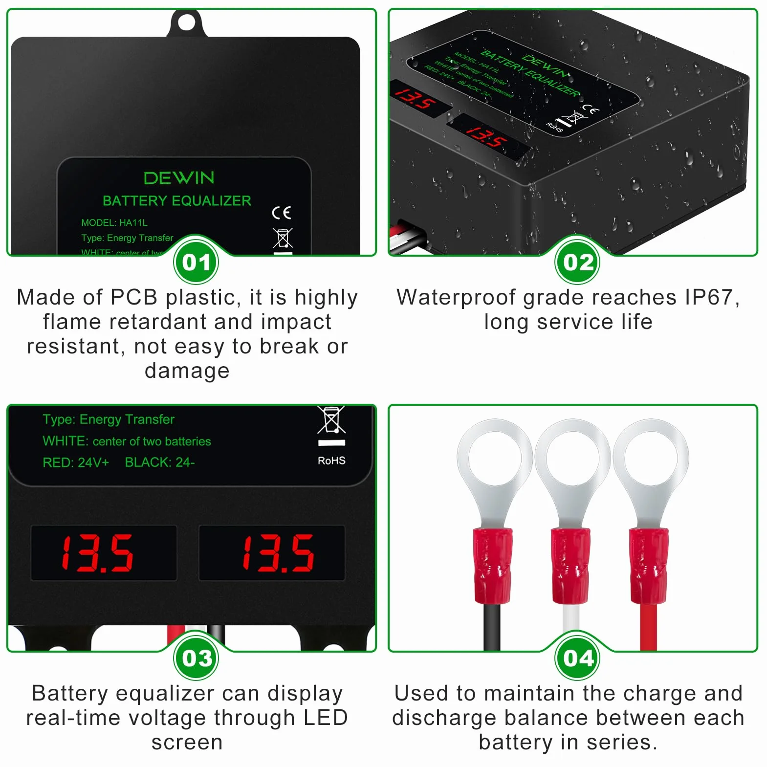Balancer do baterii 24 V, 2 x 12 V, system ładowania solarnego IP67, do akumulatorów ołowiowych, kwasowo-litowych, litowo-jonowych, żelazowo-fosforanowych