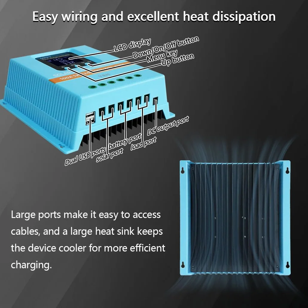 Y&H MPPT 100 A solarny regulator ładowania 12 V, 24 V, 36 V, 48 V, wyświetlacz LCD, bateria, inteligentny regulator, maks. 100 V, wejście Dual USB do kwasowo-ołowiowego/litu