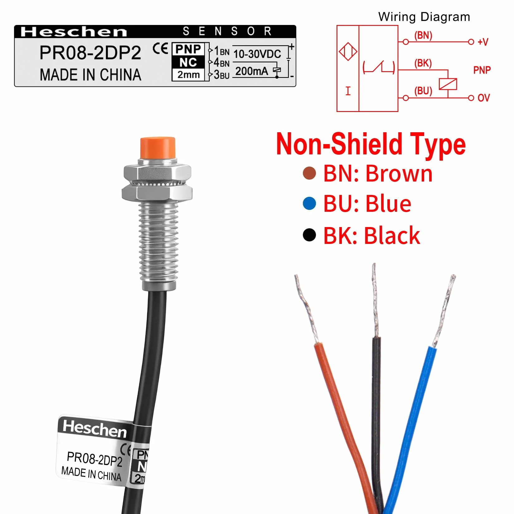 Heschen M8 Indukcyjny przełącznik czujnika zbliżeniowego PR08-2DP2 detektor typu cylindrycznego 2 mm DC12-24V 3-przewodowy PNP NC (normalnie zamknięty) CE