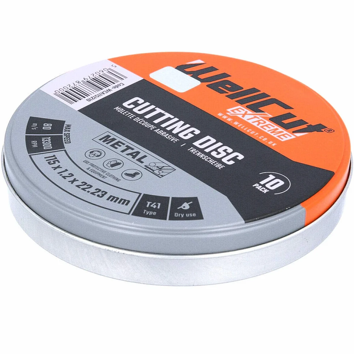 WELLCUT WCA1152-10 tarcza tnąca Extreme 115 mm 4,5 cala opakowanie 10 sztuk w metalowym pudełku do DGA452, DGA454, GA4530R (1), 115 x 1,2 x 22,23 mm