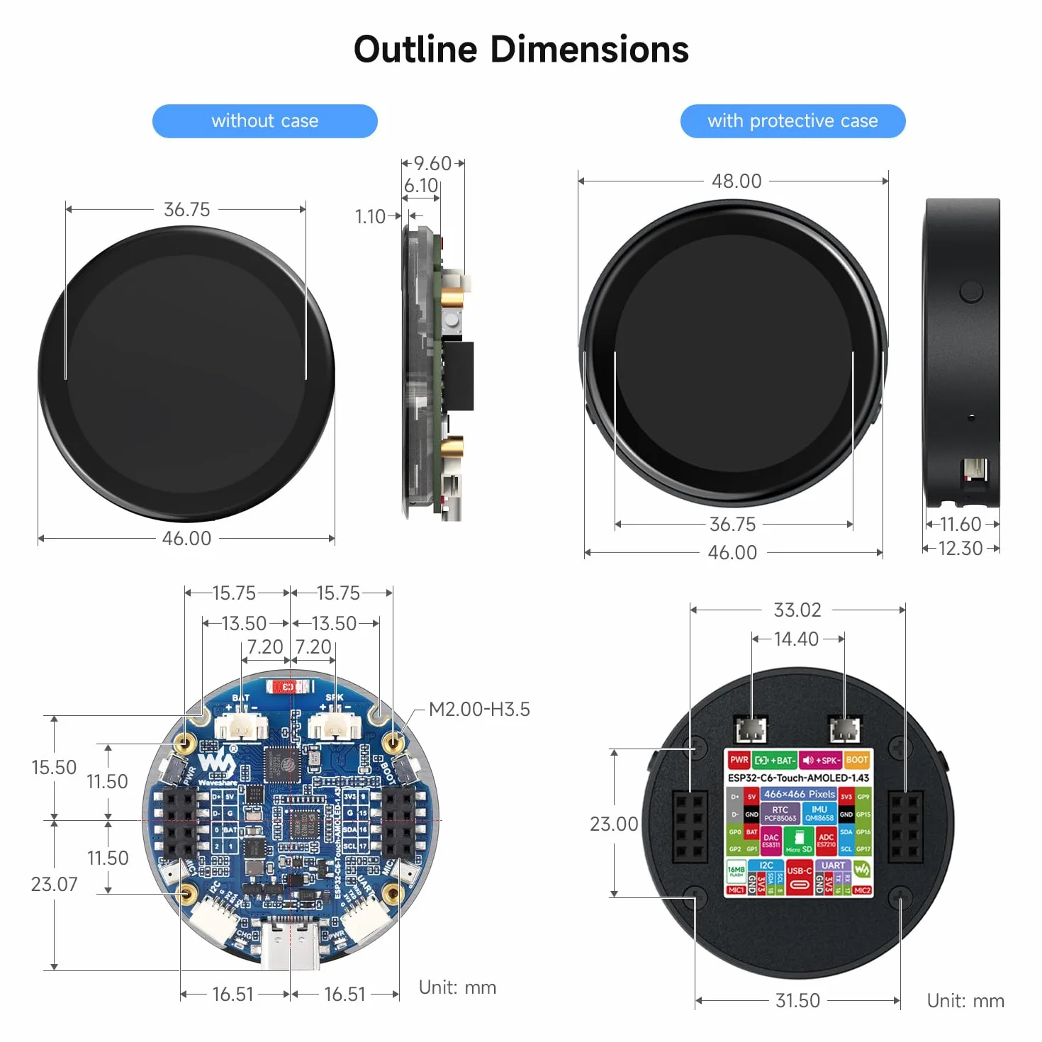 Waveshare ESP32-C6 1.43inch AMOLED Round Touch Display Development Board 160MHz RISC-V 466x466