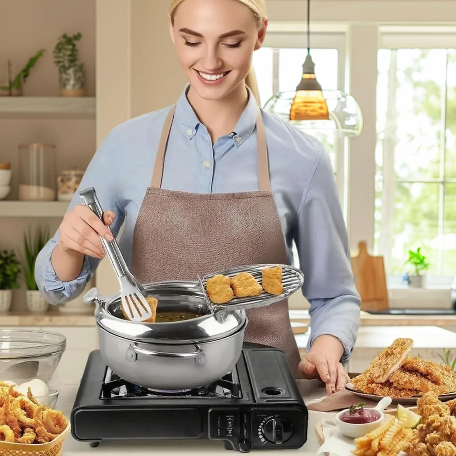 Frytkownica ze stali nierdzewnej z termometrem, garnek do Tempura 20 cm