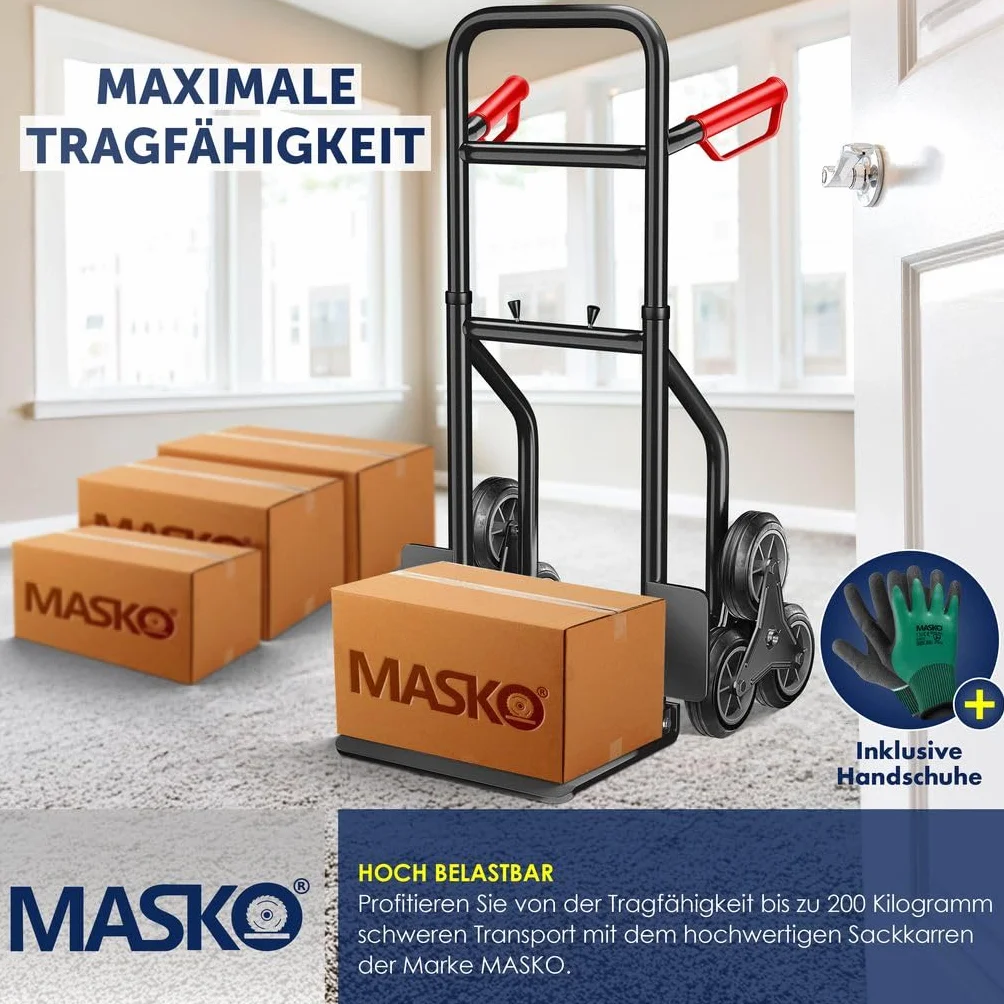 MASKO® Wózek transportowy 200 kg, wózek transportowy do wspinania się po schodach, składany wózek do transportu po schodach, opony z twardej gumy, uchwyty z tworzywa sztucznego, stalowa rama