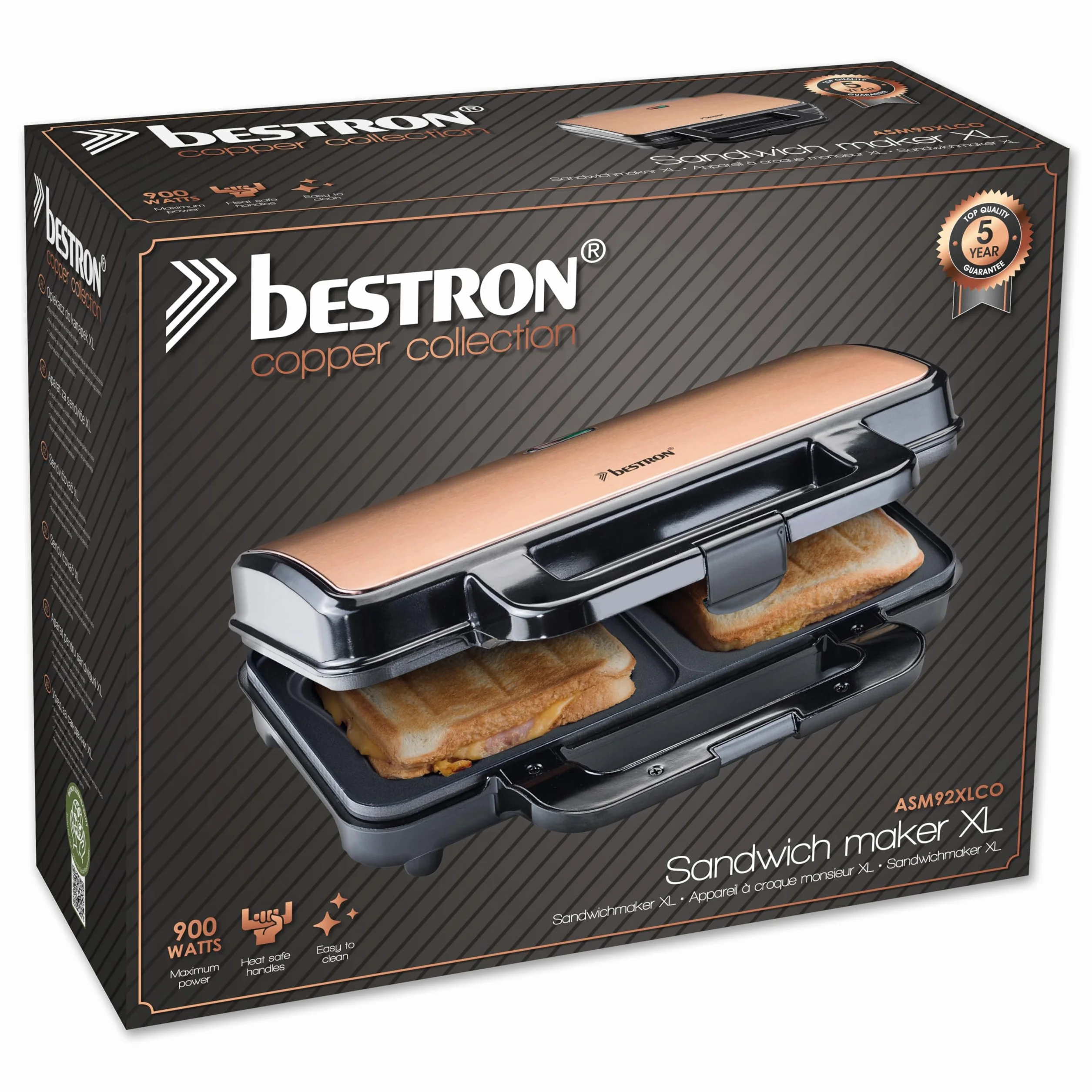 Bestron toster do kanapek XL 2 kanapki American Sandwich automatyczna regulacja temperatury czarny miedziany