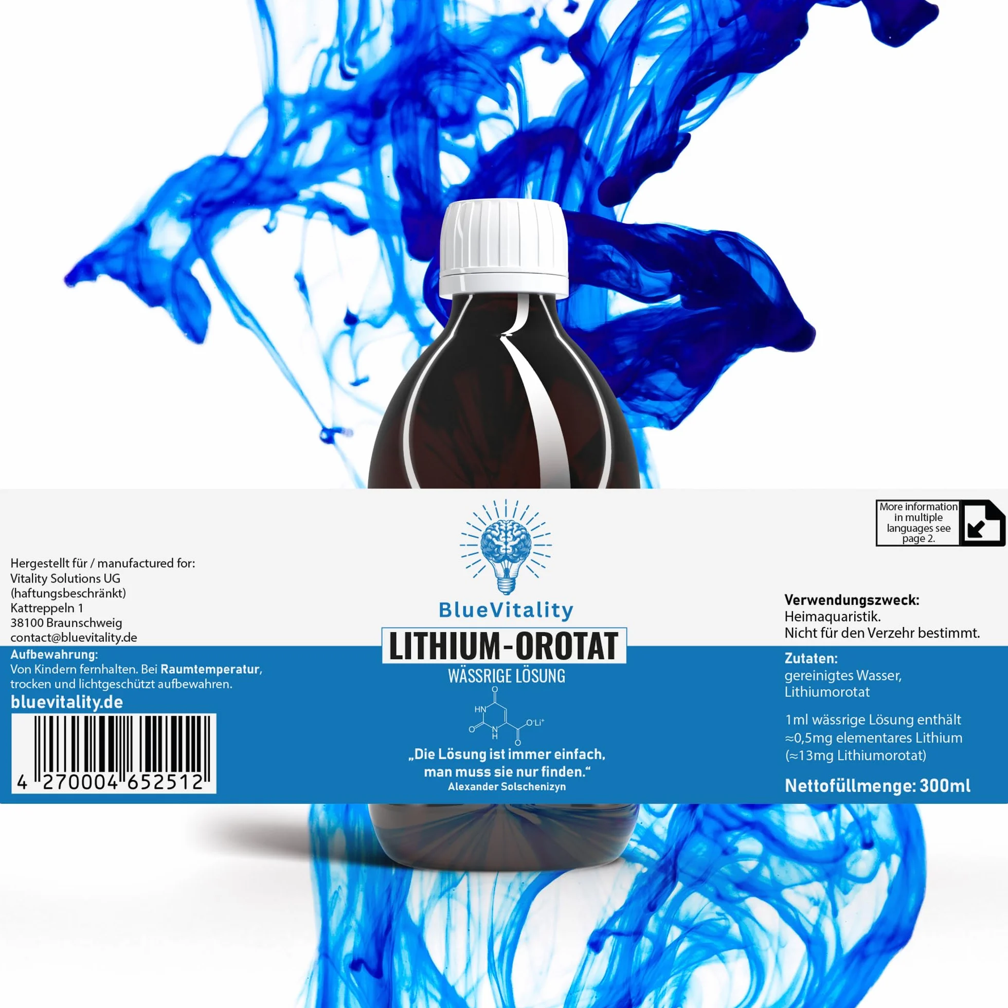 Roztwór Orotanu Litu 300 ml | Czystość 99% | 0,5 mg (500 ppm) litu elementarnego na ml | Made in Germany | Czystość potwierdzona laboratoryjnie
