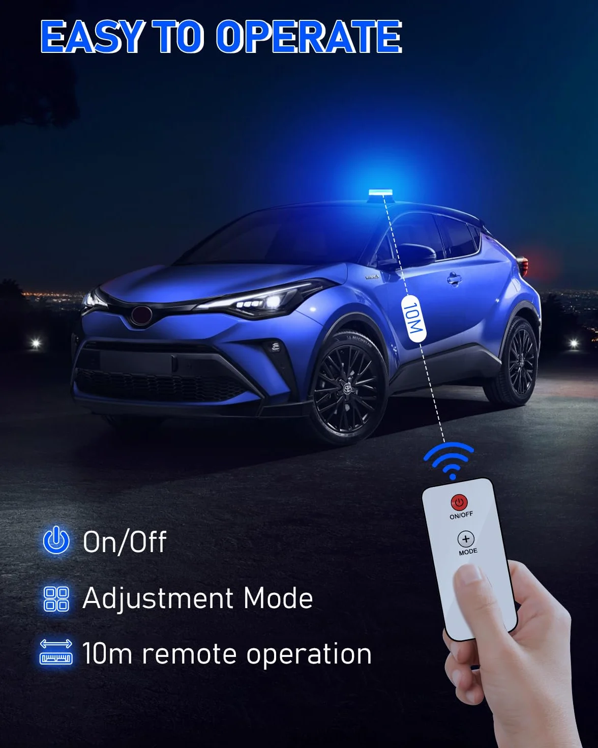 Dinfu Niebieskie światło ostrzegawcze LED 12V akumulator z pilotem 9 trybów magnes
