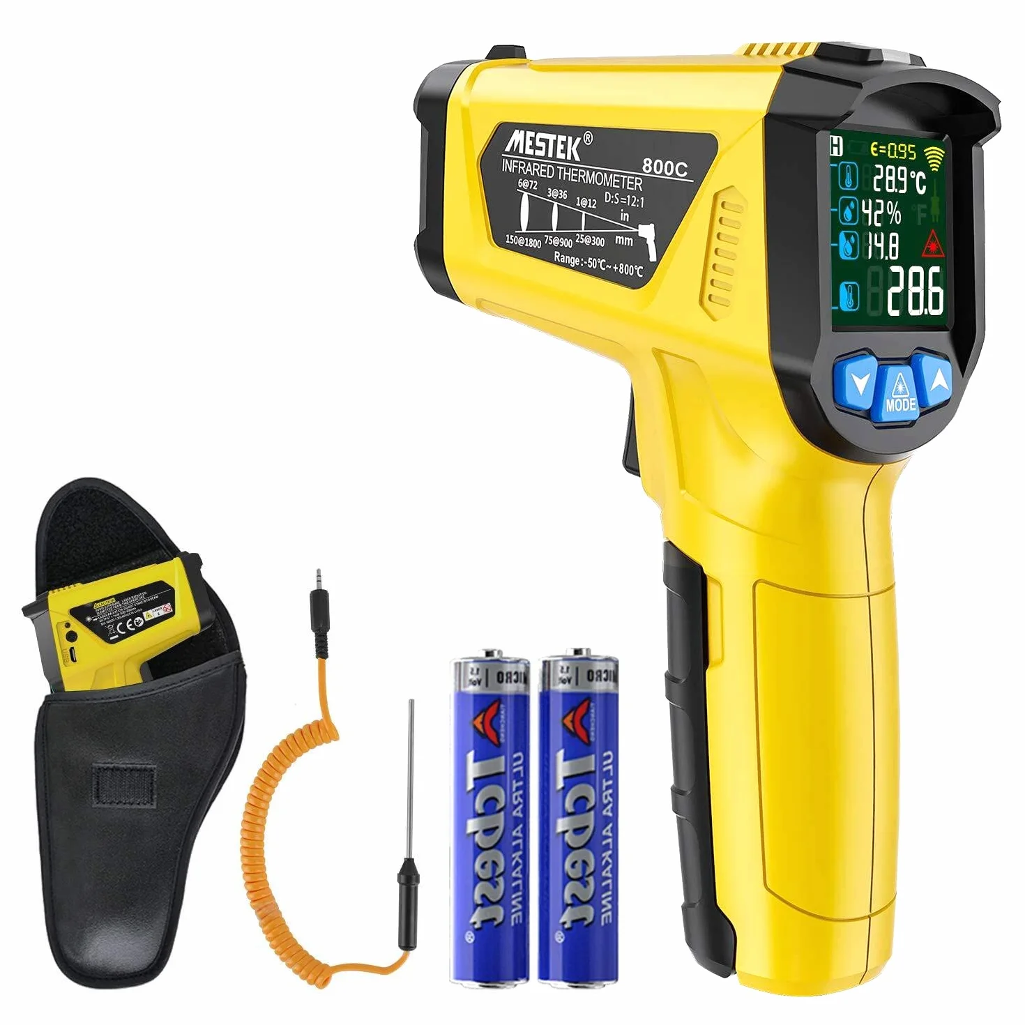 MESTEK Termometr na Podczerwień Pistolet Cyfrowy Laserowy 50℃~800℃ z K-Sondą Bezdotykowy LCD