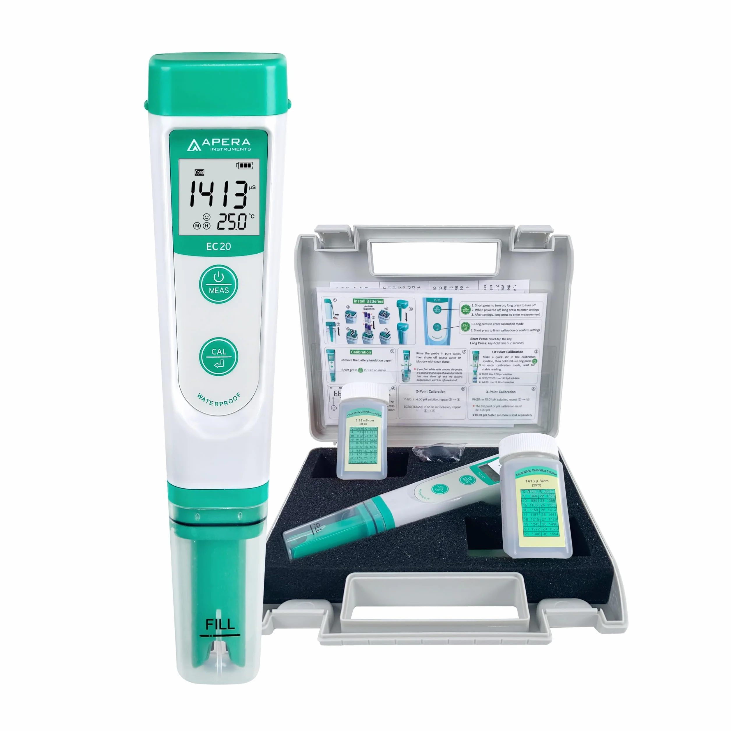 Apera Instruments EC20 EC-metr, miernik przewodności w formacie kieszonkowym (dokładność 1%, czujnik BPB, wskaźnik temperatury, kompletny zestaw)