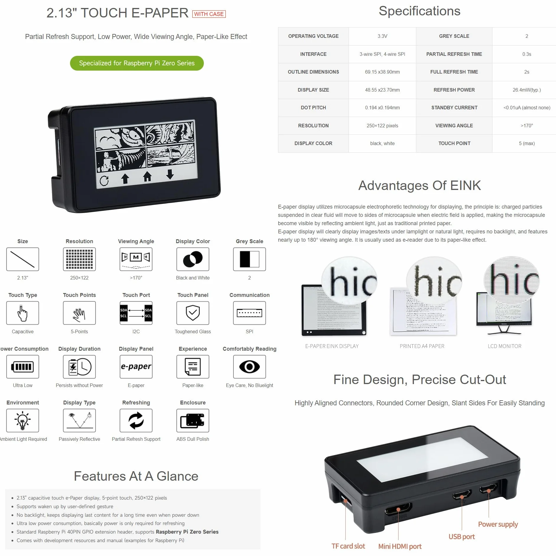 Waveshare 2.13inch Touch E-Paper E-Ink Display for Raspberry Pi Zero 250×122 Pixels Supports Partial Refresh with ABS Protection Case
