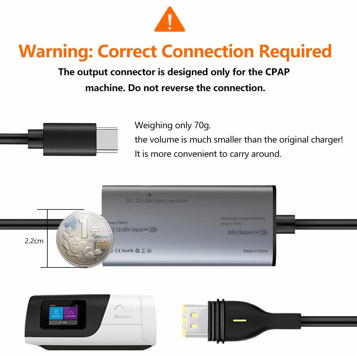 STAIGO USB-C AirMini PD kabel zasilający do AirSense 11/S11/Airmini/AutoSet/Elite/CPAP AirSense 11 przetwornik prądu stałego