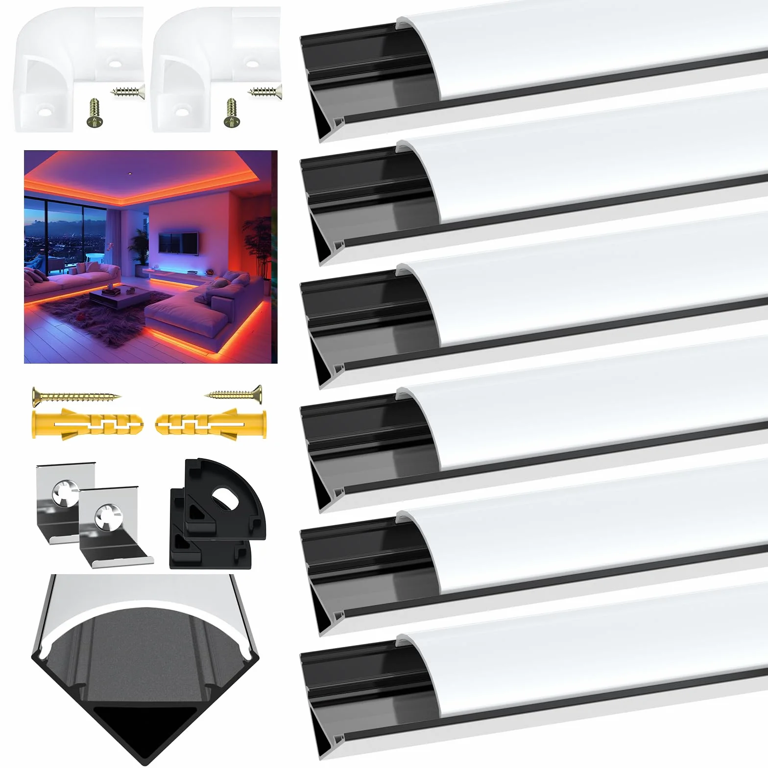 Angdarun Profil LED, profil aluminiowy LED, 6 x 1 m, profil aluminiowy w kształcie litery V do taśm LED/taśm, zaślepek (1M-6V32-HB)