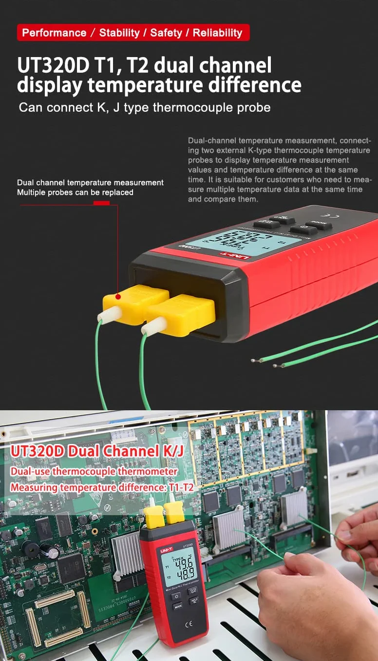 UT320D -50℃ ~ 1300℃ Mini dwukanałowy termometr termoparowy z podświetleniem LCD K/J z sondą