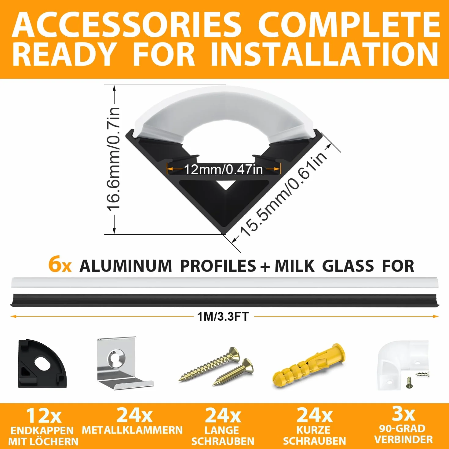 Angdarun Profil LED, profil aluminiowy LED, 6 x 1 m, profil aluminiowy w kształcie litery V do taśm LED/taśm, zaślepek (1M-6V32-HB)