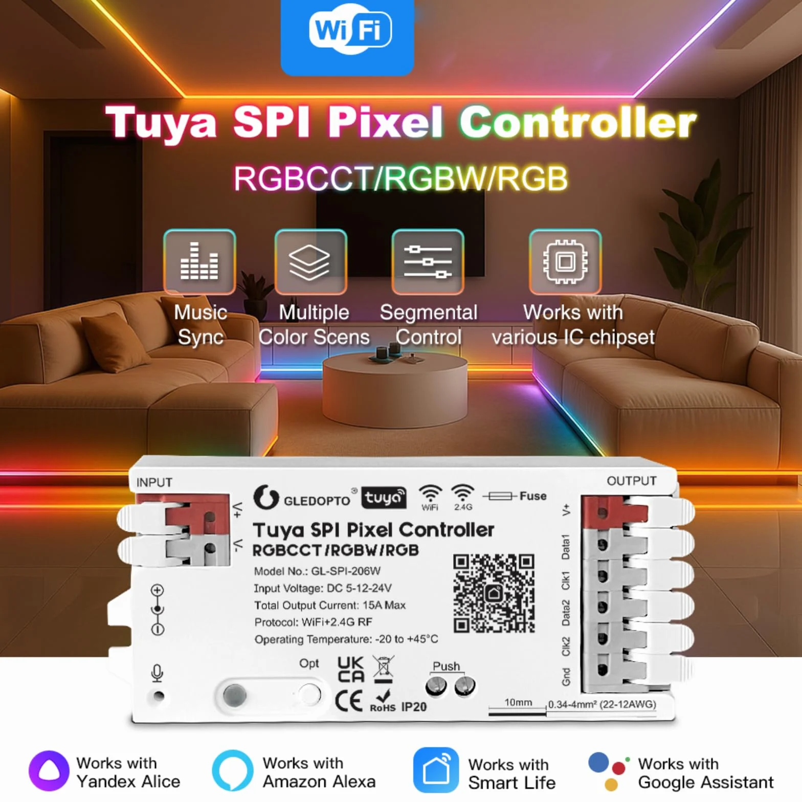 GLEDOPTO Tuya SPI kontroler pikseli RGBCCT RGBW RGB WiFi LED kontroler dynamiczne światło synchronizacja muzyki praca z Smart Life Google Assistant Alexa Yandex (206W-WiFi SPI)