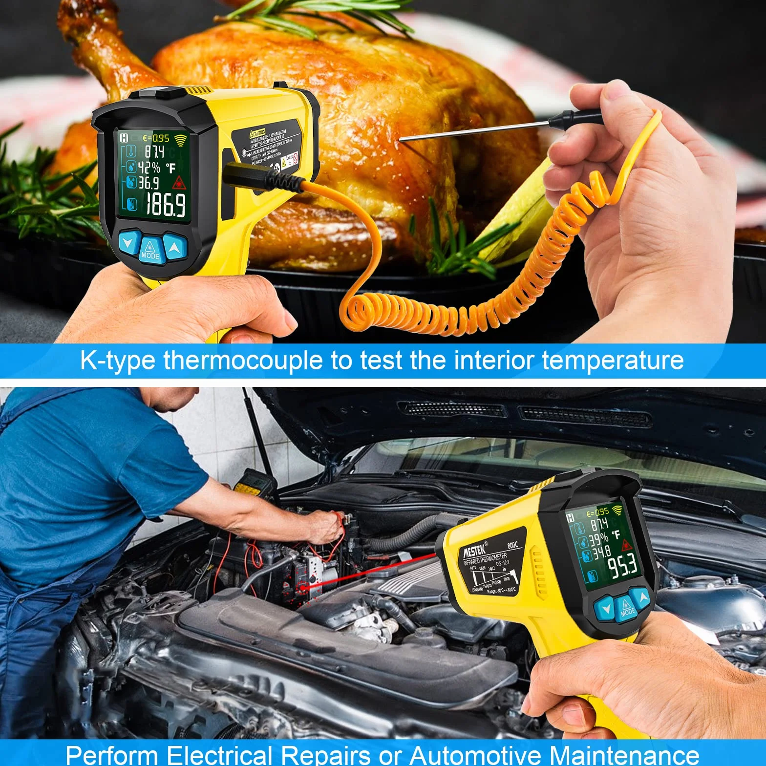 MESTEK Termometr na Podczerwień Pistolet Cyfrowy Laserowy 50℃~800℃ z K-Sondą