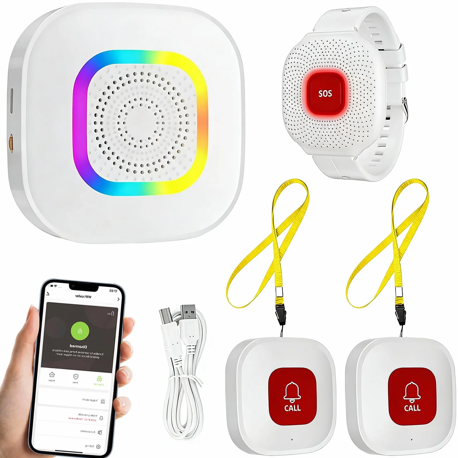 Przycisk alarmowy dla seniorów, przycisk alarmowy SOS, WiFi, Tuya Smart Seniorzy, przycisk alarmowy dla starszych pacjentów, niepełnosprawnych/dzieci (1 x odbiornik + 2 przyciski + 1 x bransoletka)