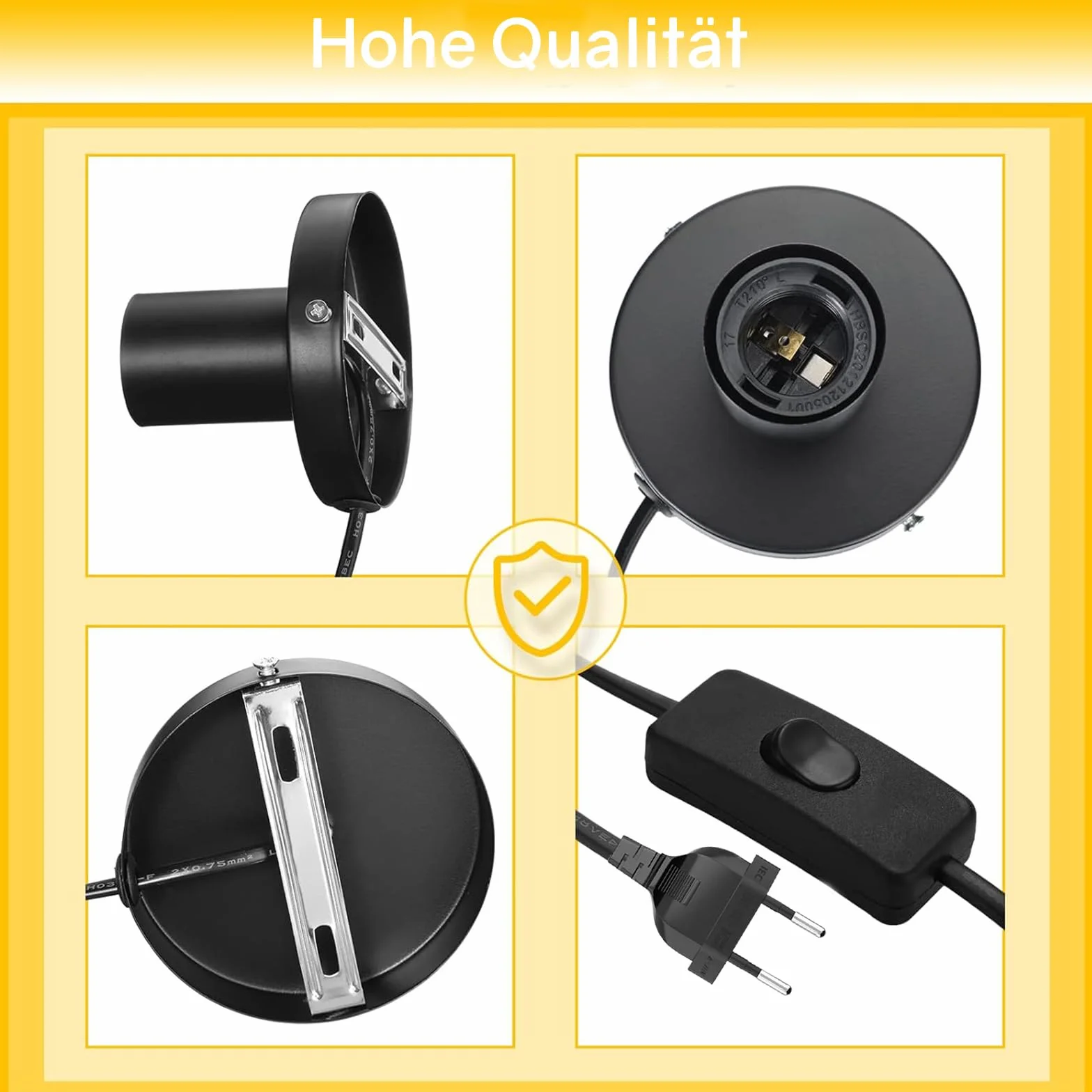 Powice Oprawa lampy E27 z przełącznikiem, oprawa E27, biała, z kablem sieciowym 3,5 m, pierścień śrubowy, przełącznik do projektów DIY, zawieszenie lampy wiszącej